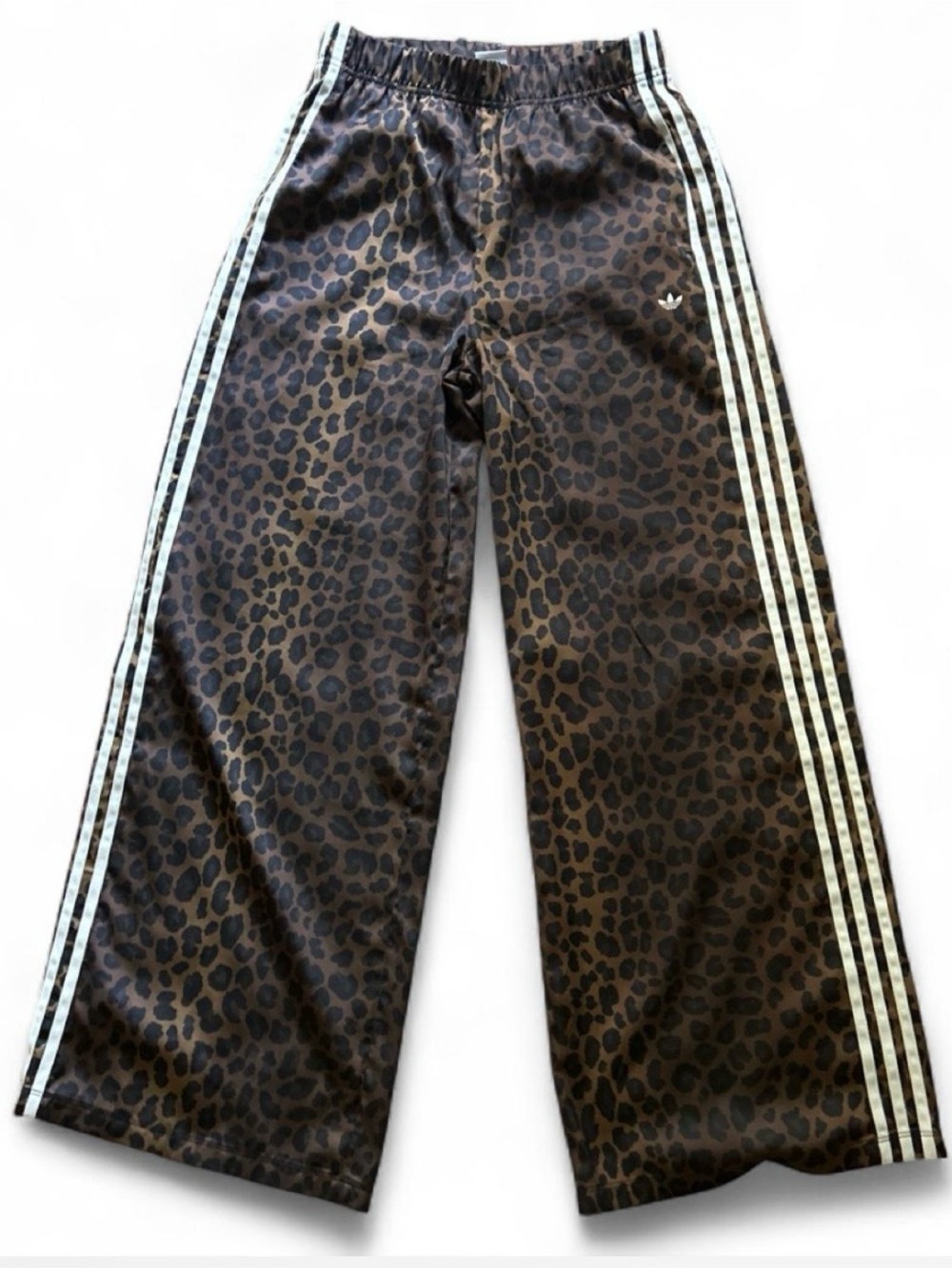 Women’s Adidas wide leg brown Leopard track pants with Side Stripes